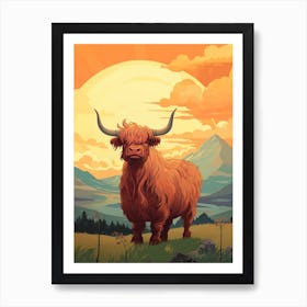 Brown Hairy Highland Cow In The Sunset 3 Art Print