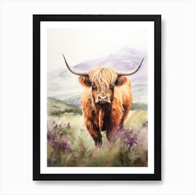 Watercolour Highland Cow With Purple Wildflowers Art Print