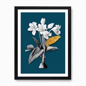 Vintage Crinum Giganteum Black and White Gold Leaf Floral Art on Teal Blue Art Print