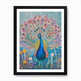 Folky Floral Peacock With Its Feathers Open 1 Art Print