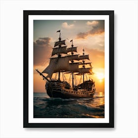 Pirate Ship At Sunset 1 Art Print