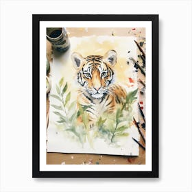 Tiger Illustration Writing Watercolour 3 Art Print