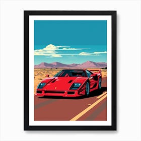 A Ferrari F40 Car In Route 66 Flat Illustration 4 Art Print