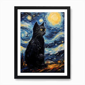 Starry Night with Black Cat, Vincent Van Gogh Inspired Art Print