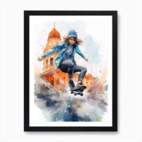 Girl Skateboarding In Helsinki, Finland Watercolour 4 Art Print