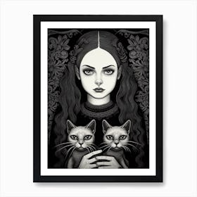 Wednesday Addams And A Cat Line Art Noveau 3 Fan Art Art Print