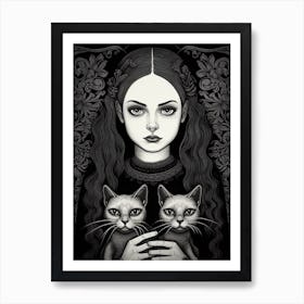 Wednesday Addams And A Cat Line Art Noveau 3 Fan Art Poster