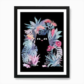 Popoki (Black Cat in Tropical Flowers) on Black Art Print
