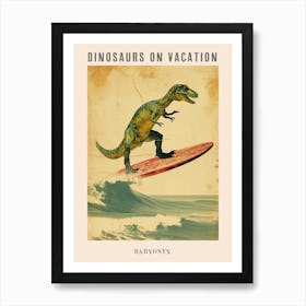 Vintage Baryonyx Dinosaur On A Surf Board 1 Poster Art Print