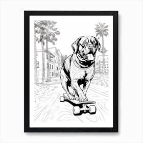 Rottweiler Dog Skateboarding Line Art 1 Art Print