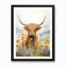Lilac Watercolour Of Highland Cow 1 Art Print