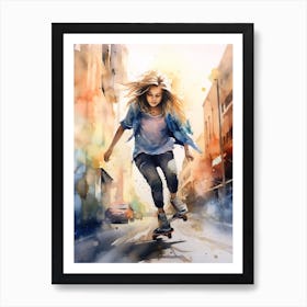 Girl Skateboarding In Cape Town, South Africa Watercolour 3 Art Print