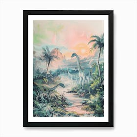 Dinosaur In Jurassic Landscape Vintage Illustration 3 Art Print