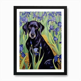 Van Gogh Irises With Black Dog Portrait Art Print