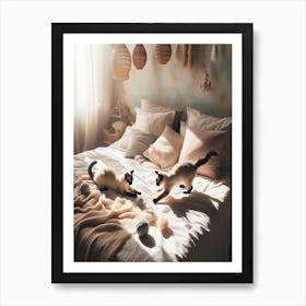 Two Cats Playing On A Bed Art Print