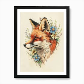 Amazing Red Fox With Flowers 2 Art Print