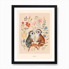 Folksy Floral Animal Drawing Ferret 3 Poster Art Print