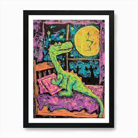 Dinosaur Snoozing In Bed At Night Abstract Illustration 2 Art Print