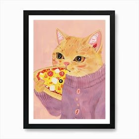 Brown Cat Pizza Lover Folk Illustration 4 Art Print