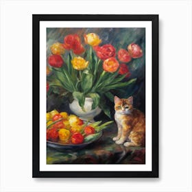 Flower Vase Ranunculus With A Cat 2 Impressionism, Cezanne Style Art Print