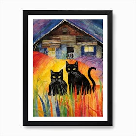 Two Black Cats In Front Of A Barn Art Print