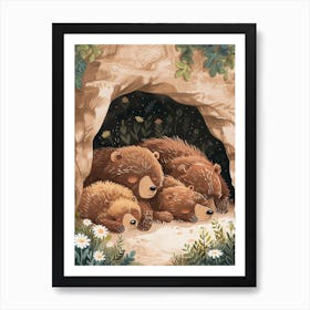 Sloth Bear Family Sleeping In A Cave Storybook Illustration 1 Art Print