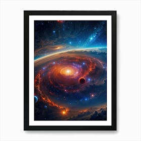 Neon brilliance ignites the cosmic nebula — a mesmerizing space travel through the Milky Way, where stars, planets, and interstellar wonders dance in the vast universe. Art Print