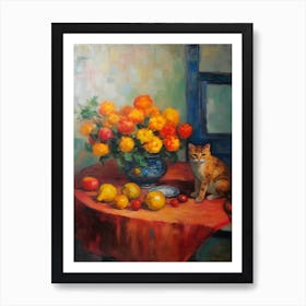 Flower Vase Marigold With A Cat 3 Impressionism, Cezanne Style Art Print