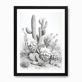 Vintage Cactus Illustration Bunny Ear Cactus B&W Art Print