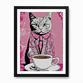 Cat In A Pink Paisley Suit Having Coffee Art Print