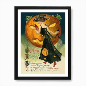 Young Woman With Halloween Poem And Jack O Lantern Behind Her Art Print