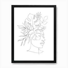 Line art Woman With Leaves Art Print