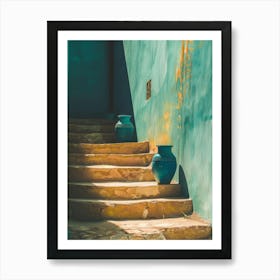 Blue Vases On The Stairs 1 Art Print