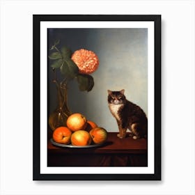 Painting Of A Still Life Of A Dahlia With A Cat, Realism 1 Art Print