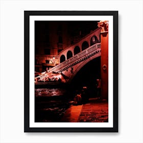 Venetian Dreams Rialto At Night - photo red black venice people bridge vertical living room bedroom Art Print