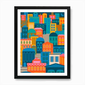 CITY LIGHTS AT NIGHT Vintage Travel Poster Portrait Layout with Geometric Architecture Buildings in Bright Rainbow Colours Orange Yellow Pink Green Blue Brown Cream on Dark Navy Blue Art Print
