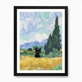 A Wheatfield With Cypresses  Inspired With Black Cat Portrait Art Print