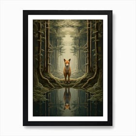 Fox Walking Through A Forest Realism Illustration 6 Art Print