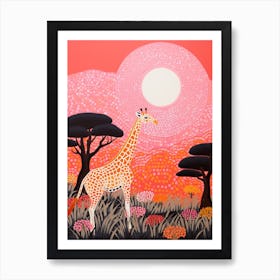 Giraffe In The Nature With Trees Pink 2 Art Print