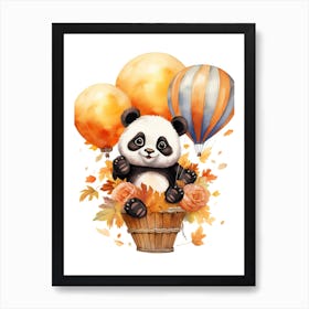 Panda Flying With Autumn Fall Pumpkins And Balloons Watercolour Nursery 3 Art Print