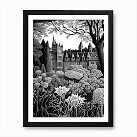 Biltmore Estate Gardens, Usa Linocut Black And White Vintage Art Print