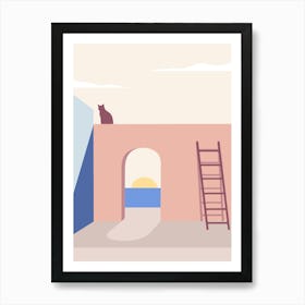 Cat Sitting On A Wall — boho travel poster Art Print