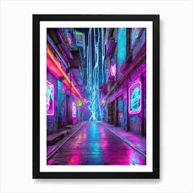 Cyberpunk Alley With Neon Signs And Holograms 1 Art Print