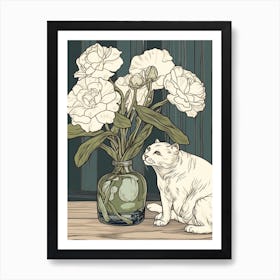 Drawing Of A Still Life Of Lisianthus With A Cat 3 Art Print
