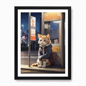 Cat At The Bus Stop Art Print