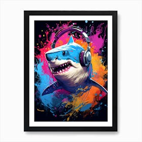  A Shark Wearing Headphones Spinning Dj Decks 1 Art Print