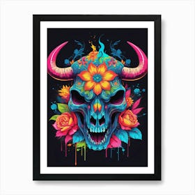 Floral Bull Skull Neon Iridescent Painting (18) Art Print