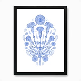 Blue Carnations Bouquet Indian Mughal Style Line Drawing Art Print