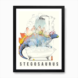 Dinosaur Stegosaurus In The Shower Art Print