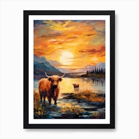 Highland Cows In The Loch Impressionism Style Paintings 2 Art Print